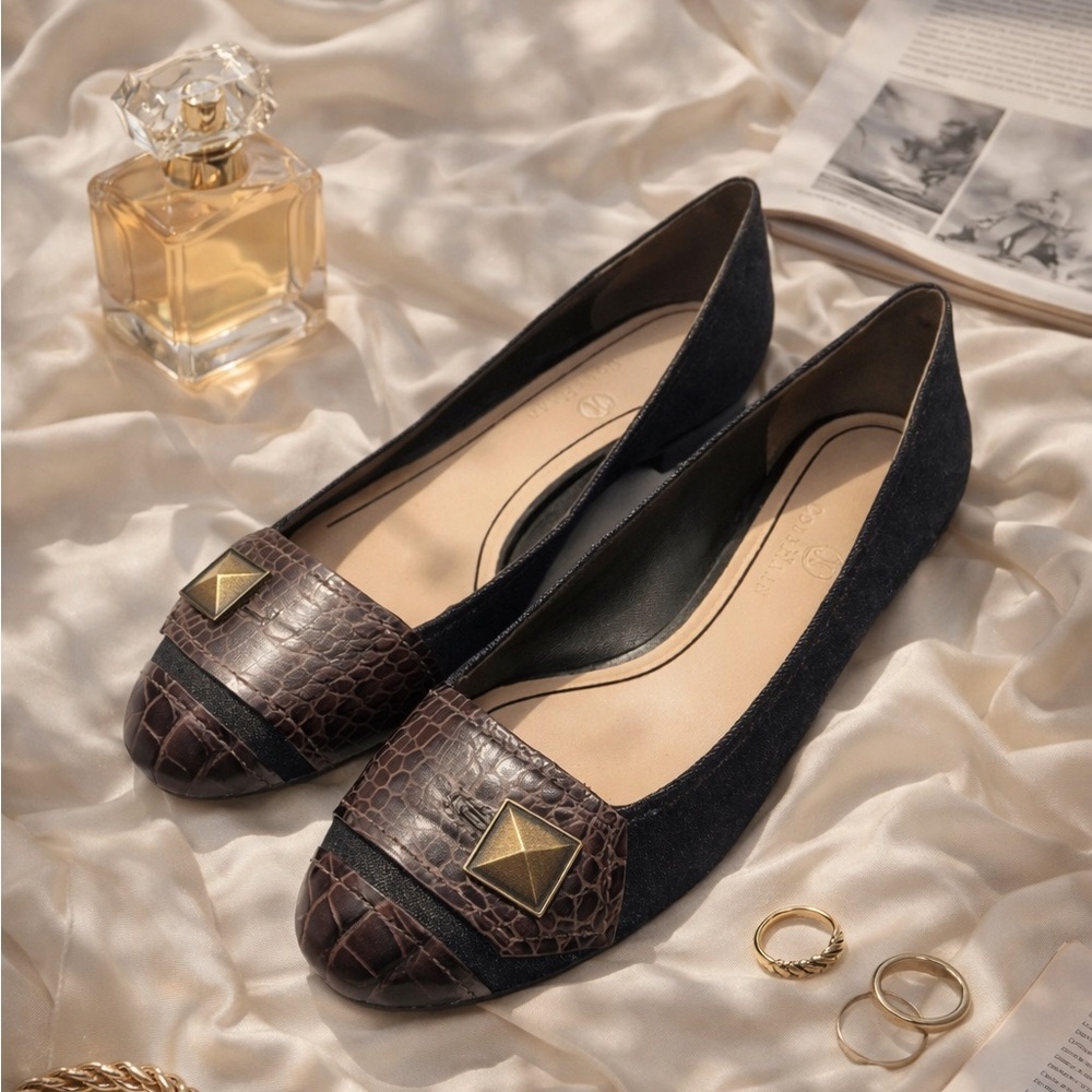 Cole Haan Denim & Croc Embossed Cap Toe Flats Mixed Media Stud Detail Loafers